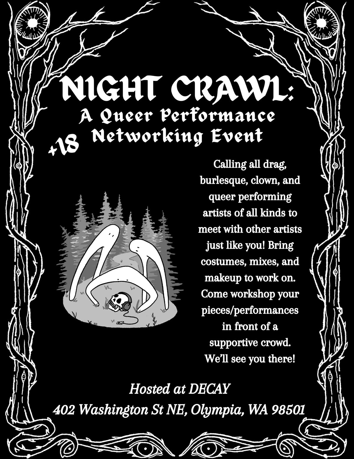 Flyer for Night Crawl: A Queer Performance Workshop
