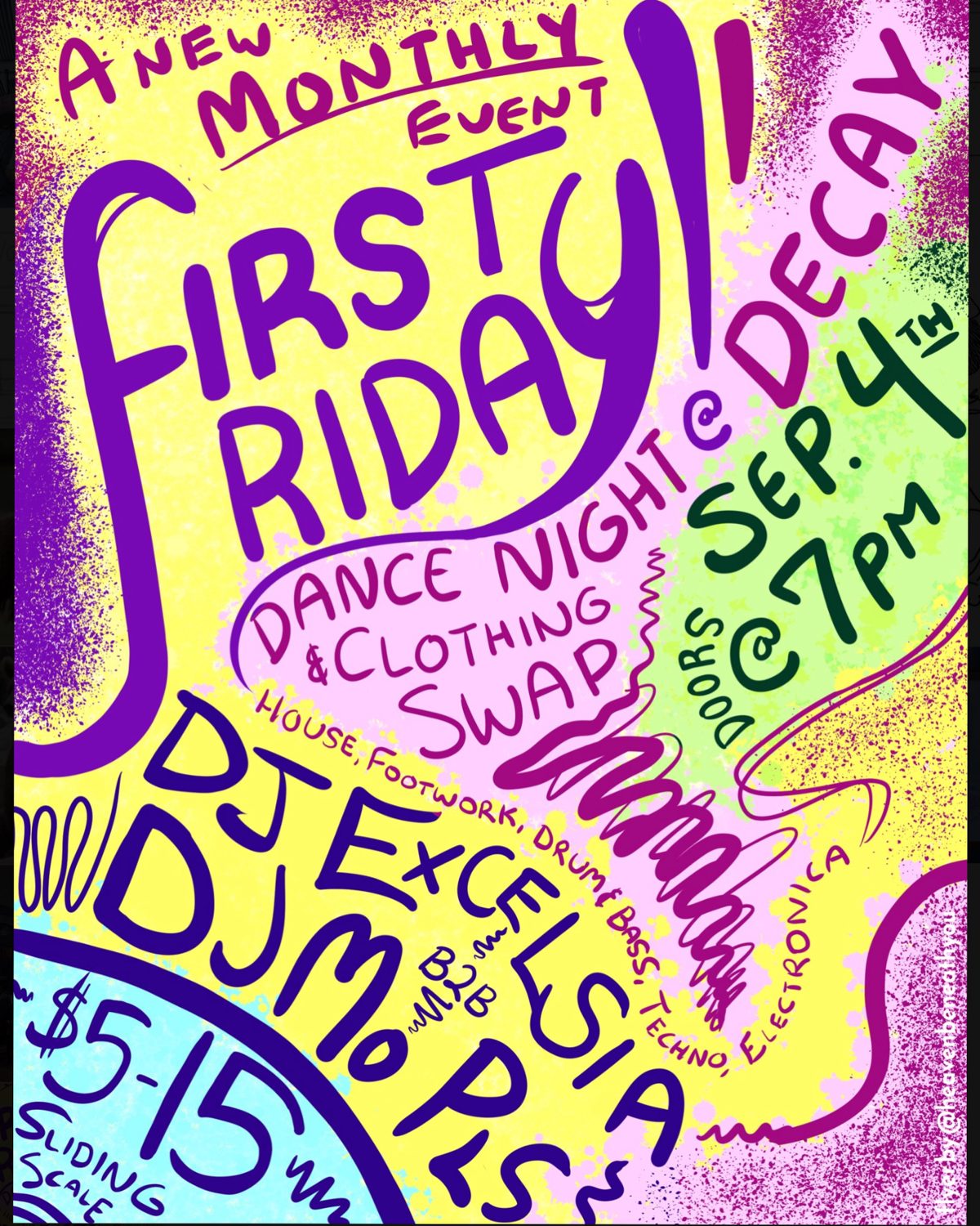 Flyer for First Friday Dance Night+ Clothing Swap