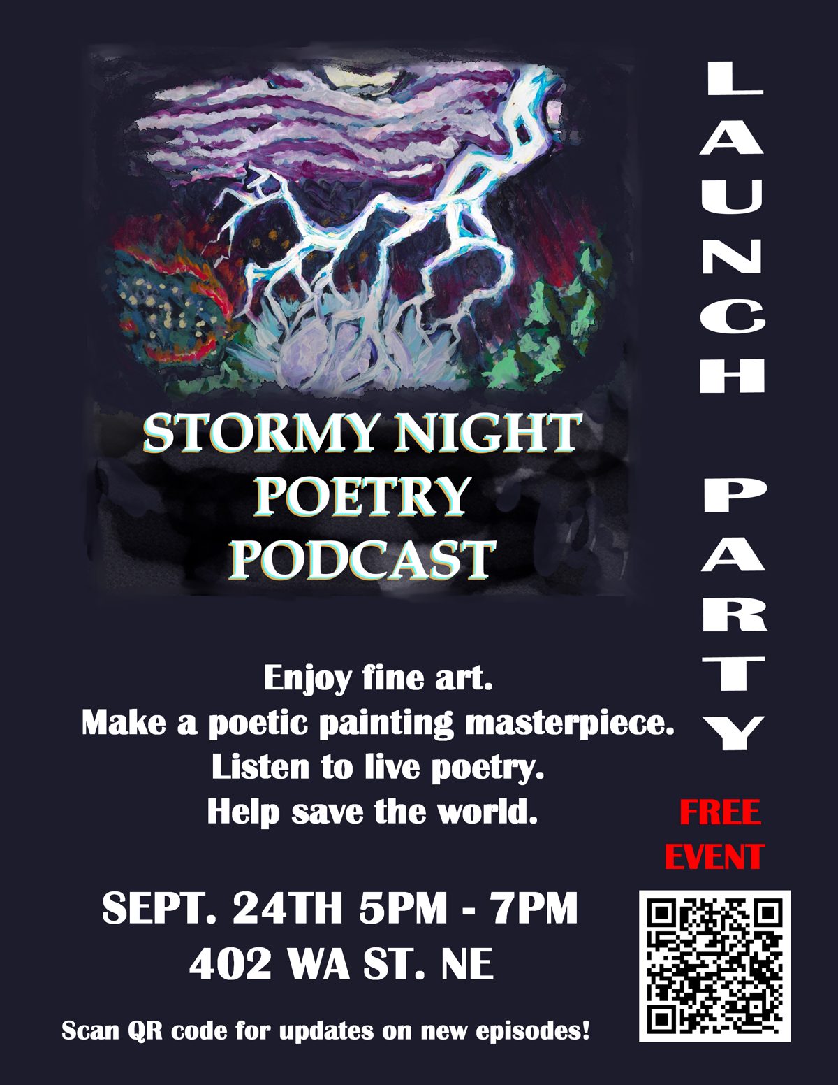 Flyer for The Stormy Night Poetry Podcast Launch Party